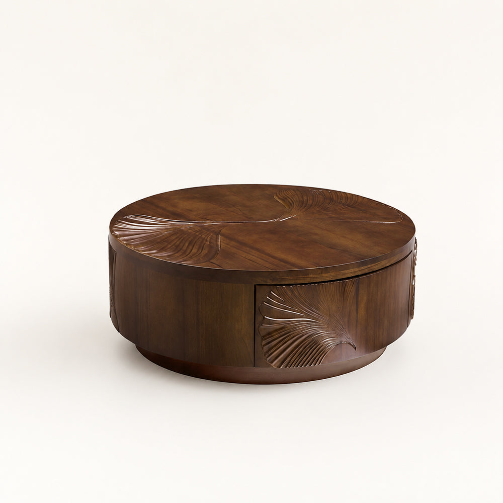 Ginkgo-Carved Walnut Coffee Table