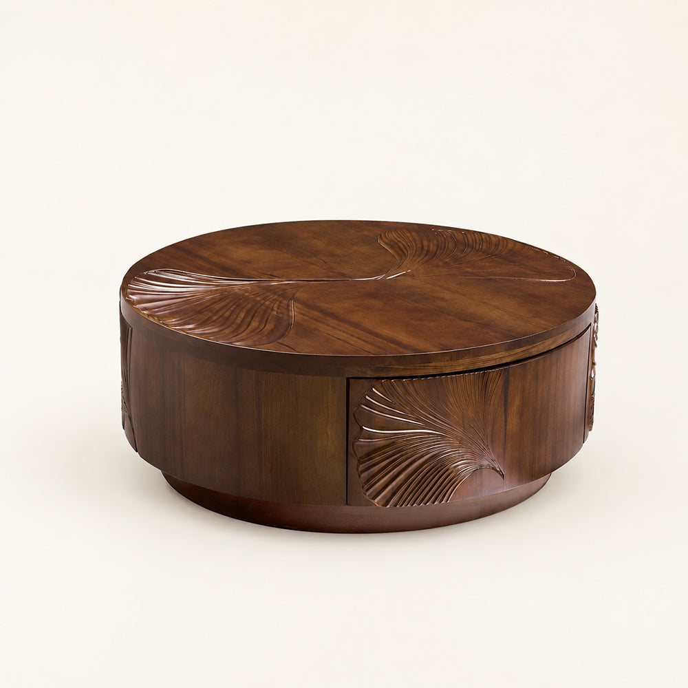 Ginkgo-Carved Walnut Coffee Table
