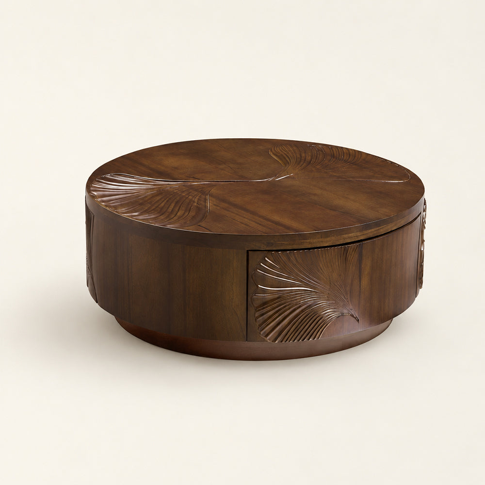 Ginkgo-Carved Walnut Coffee Table