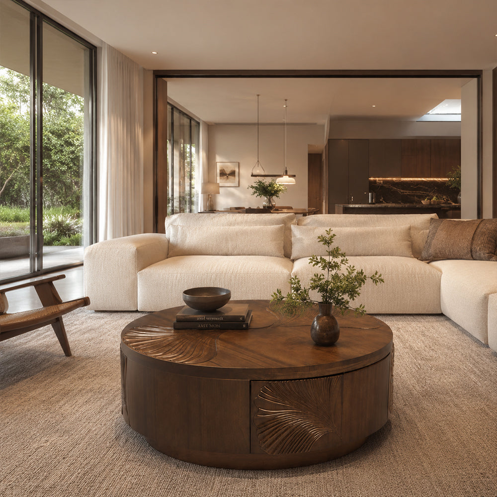 Ginkgo-Carved Walnut Coffee Table