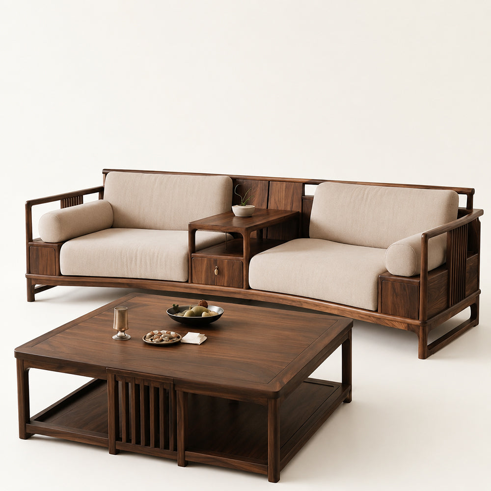 Walnut-Framed Modular Sofa Set