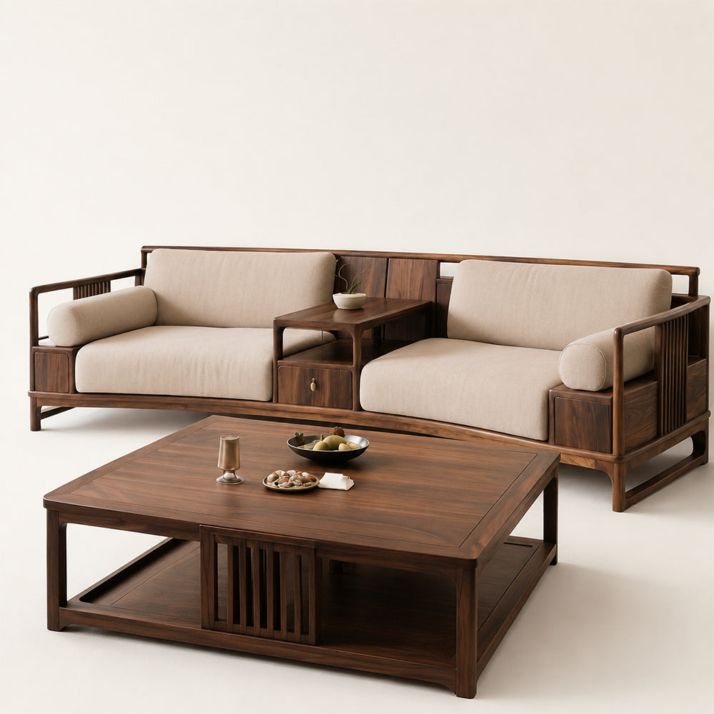 Walnut-Framed Modular Sofa Set