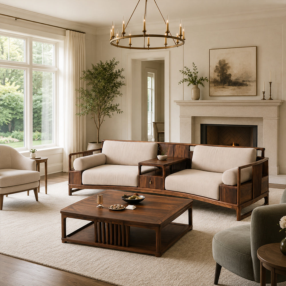 Walnut-Framed Modular Sofa Set