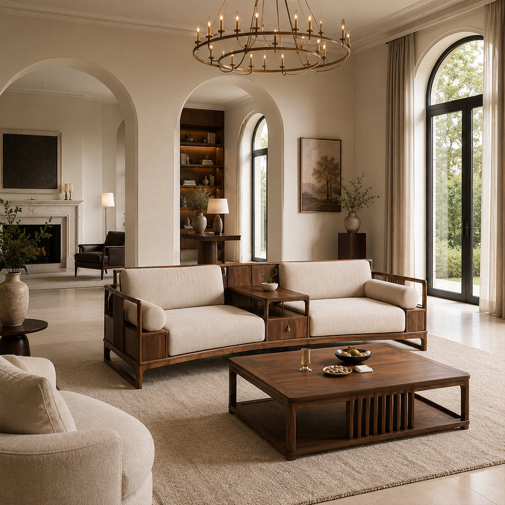 Walnut-Framed Modular Sofa Set
