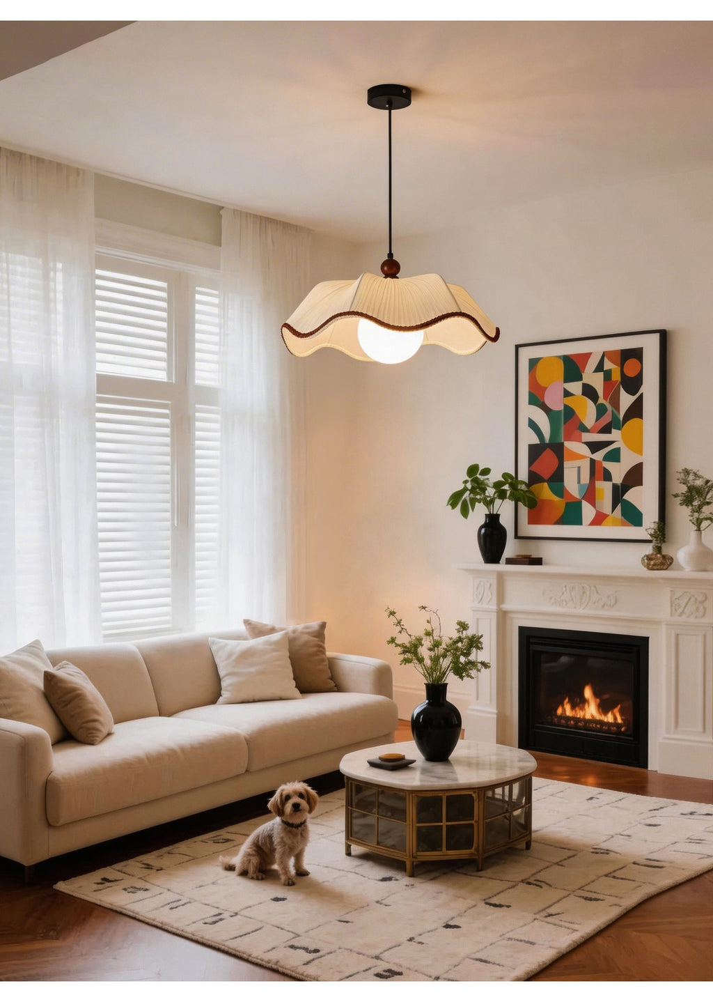 French Scalloped Pleated Fabric Pendant Light