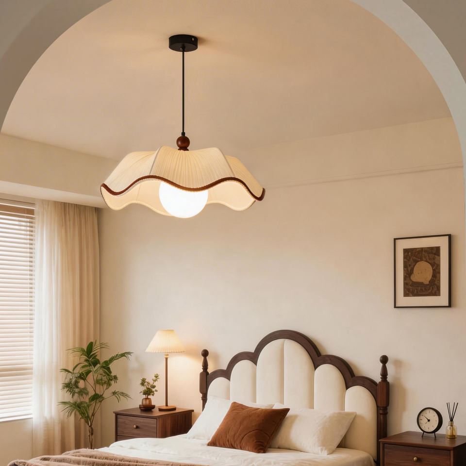 French Scalloped Pleated Fabric Pendant Light