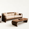 Walnut-Framed Beige Linen Sofa