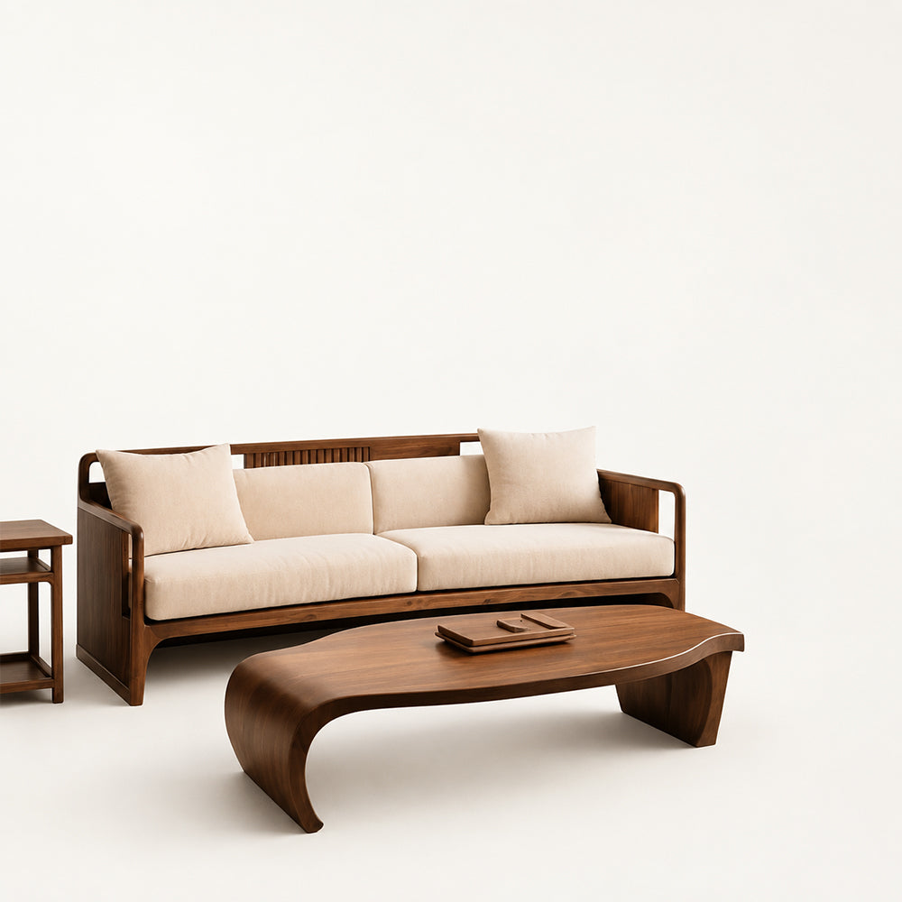 Walnut-Framed Beige Linen Sofa