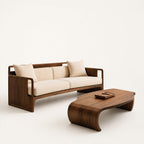 Walnut-Framed Beige Linen Sofa