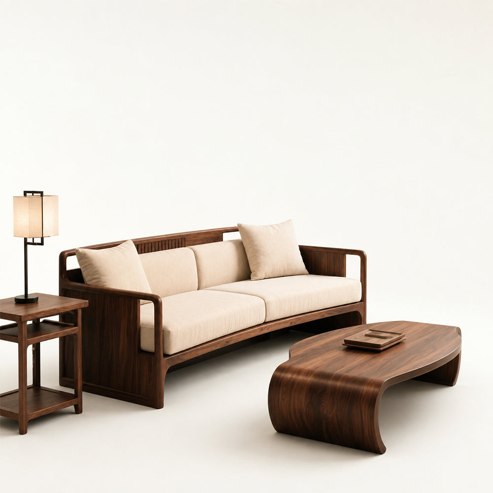 Walnut-Framed Beige Linen Sofa