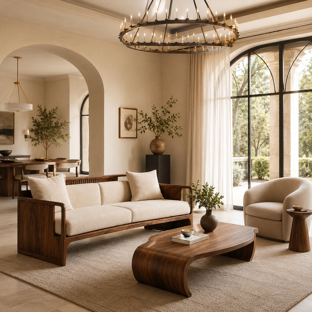 Walnut-Framed Beige Linen Sofa