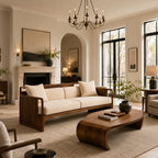 Walnut-Framed Beige Linen Sofa