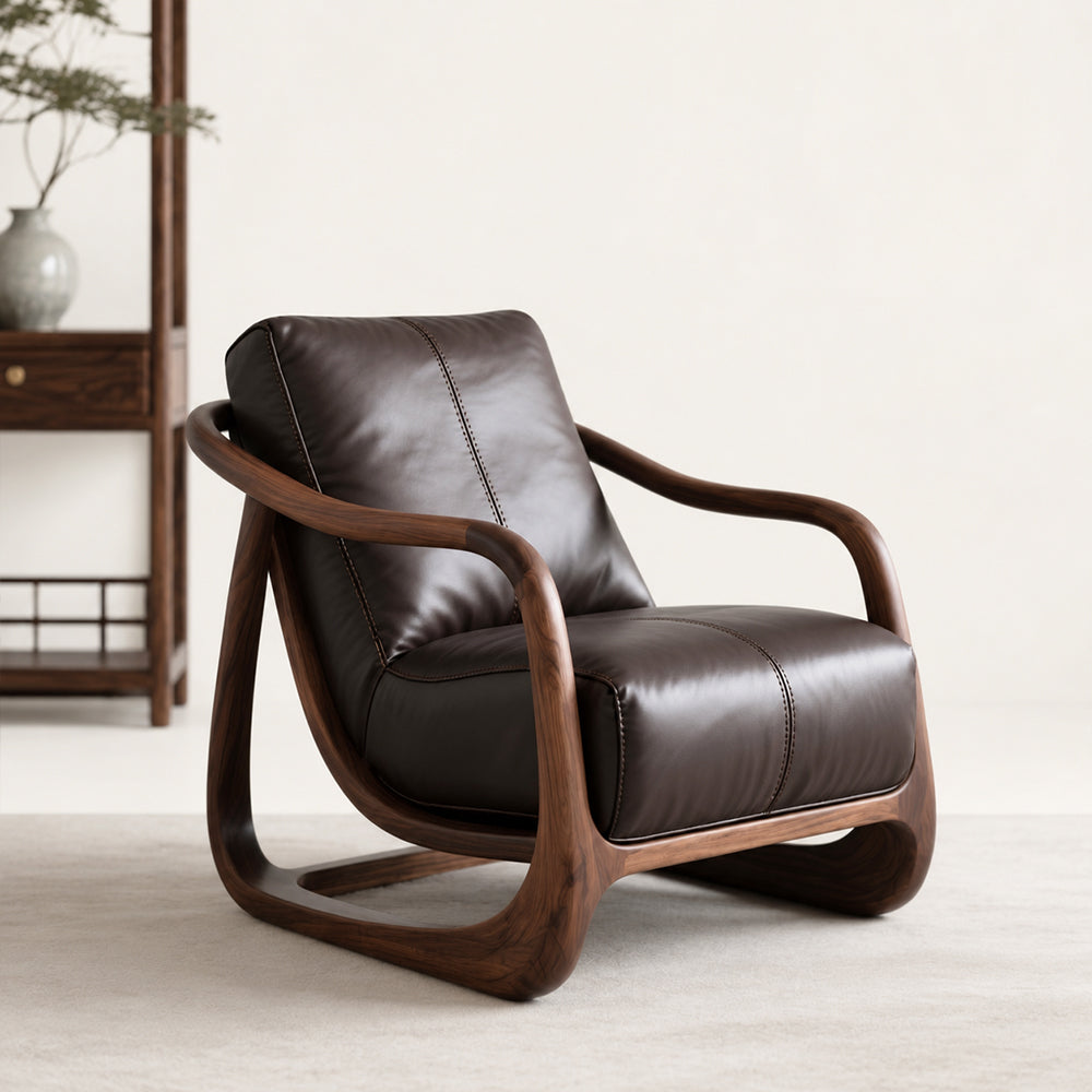Curved Walnut Leather Lounge Chair