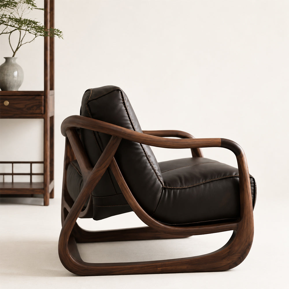 Curved Walnut Leather Lounge Chair