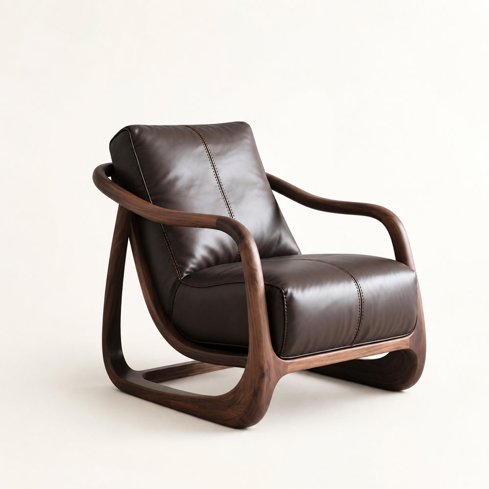 Curved Walnut Leather Lounge Chair