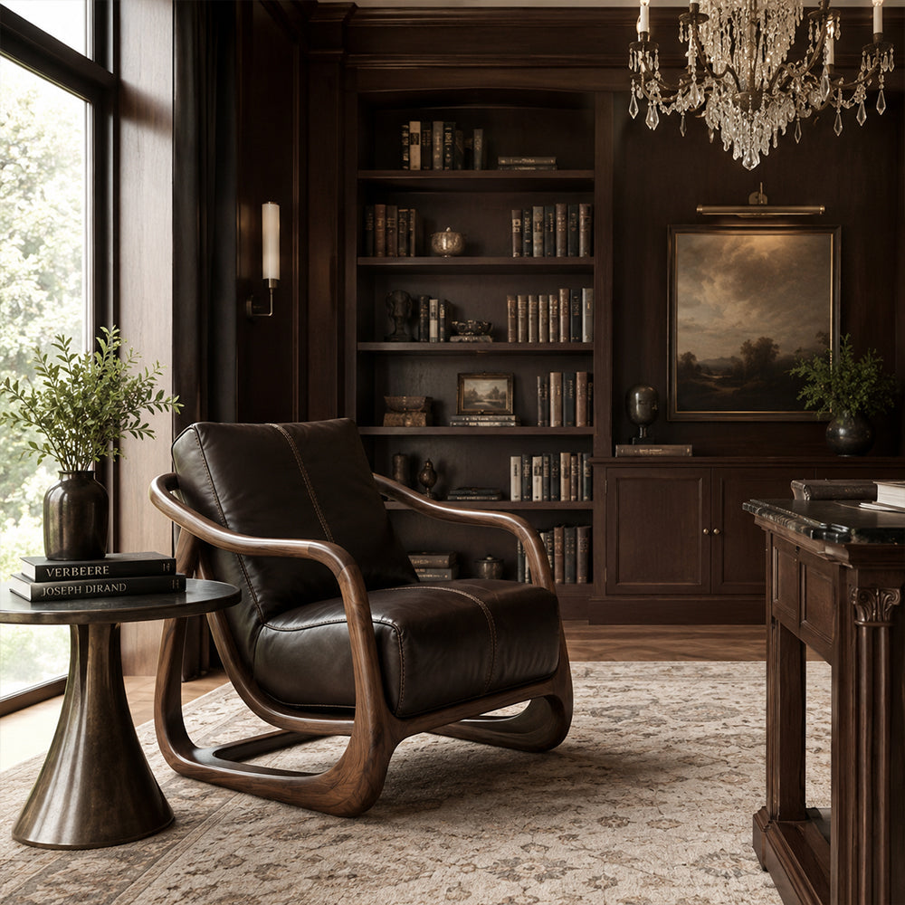 Curved Walnut Leather Lounge Chair