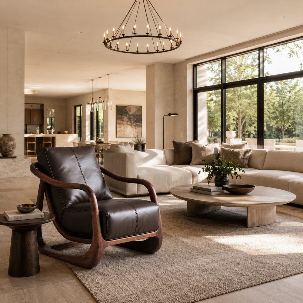 Curved Walnut Leather Lounge Chair