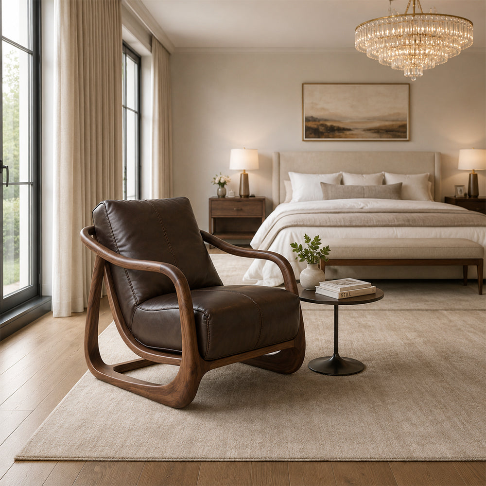 Curved Walnut Leather Lounge Chair