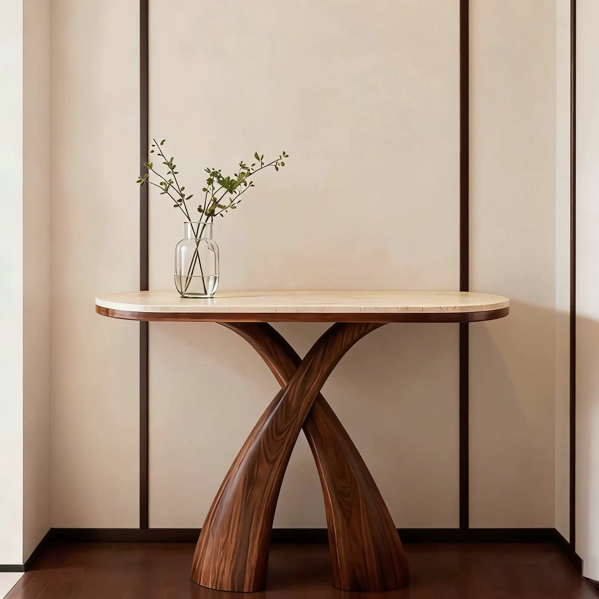 Arched Walnut Travertine Console Table