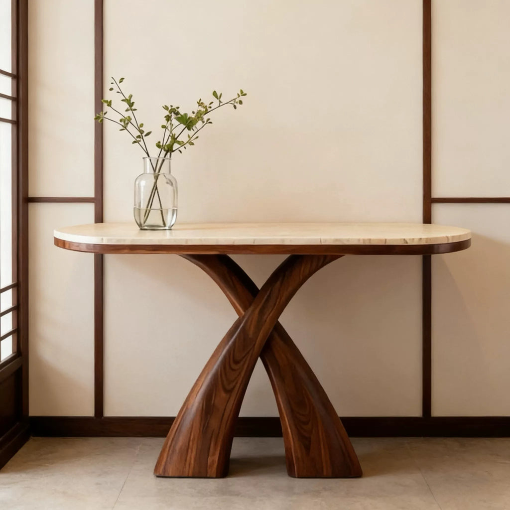 Arched Walnut Travertine Console Table