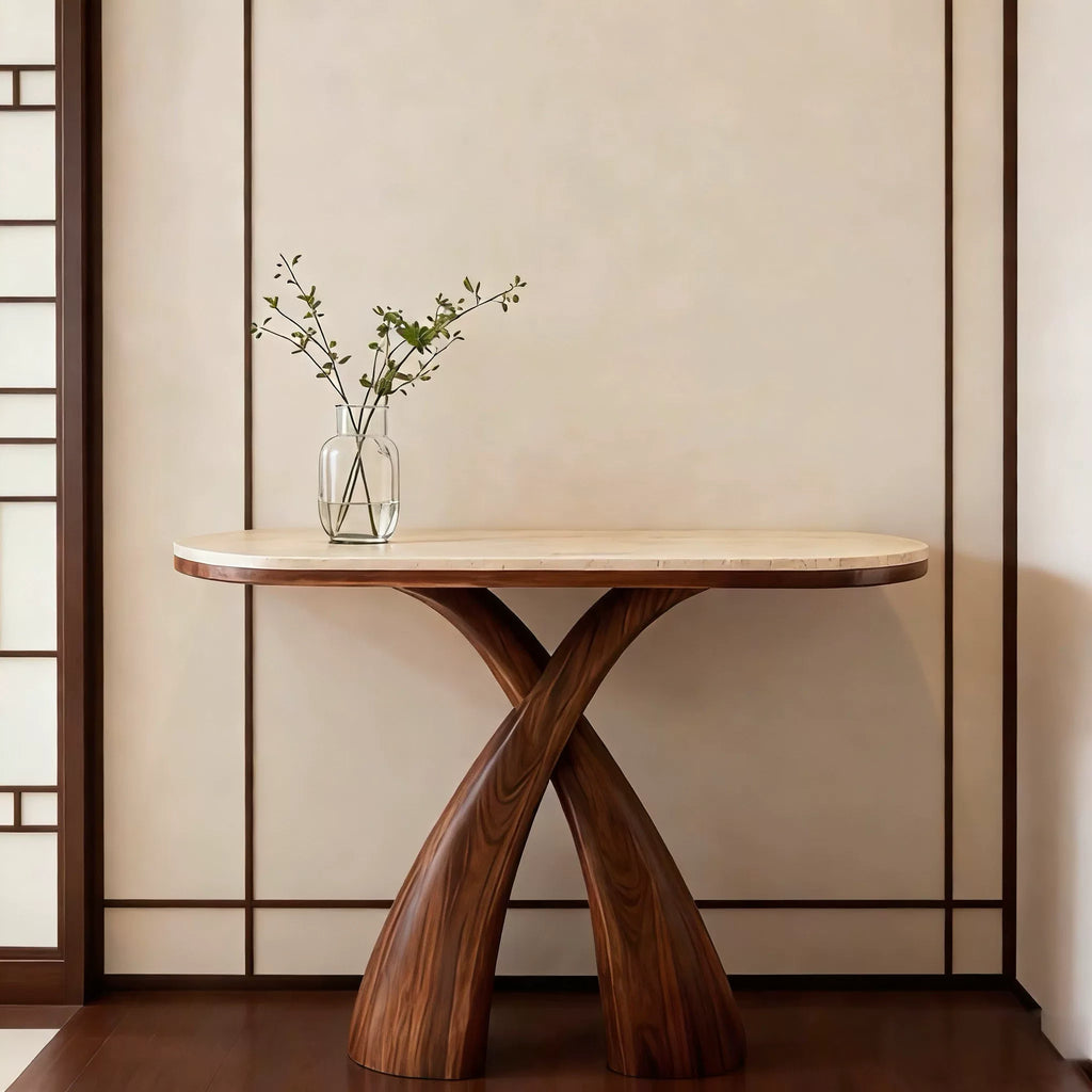 Arched Walnut Travertine Console Table