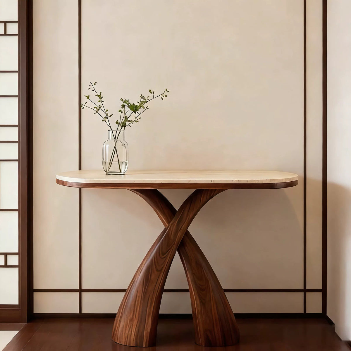 Arched Walnut Travertine Console Table