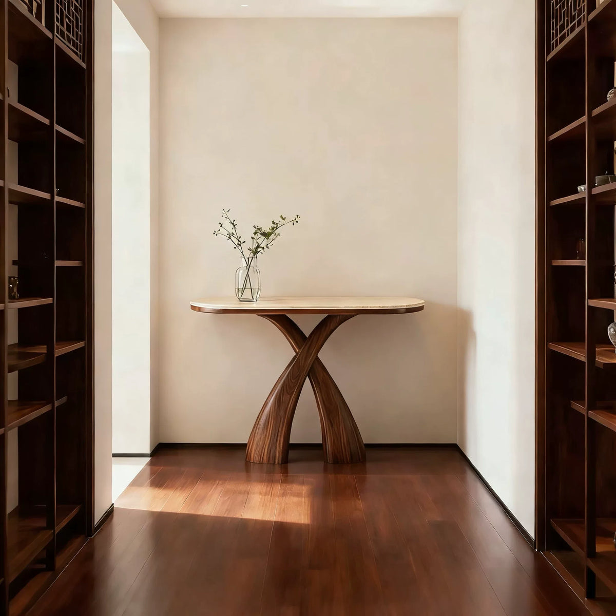 Arched Walnut Travertine Console Table