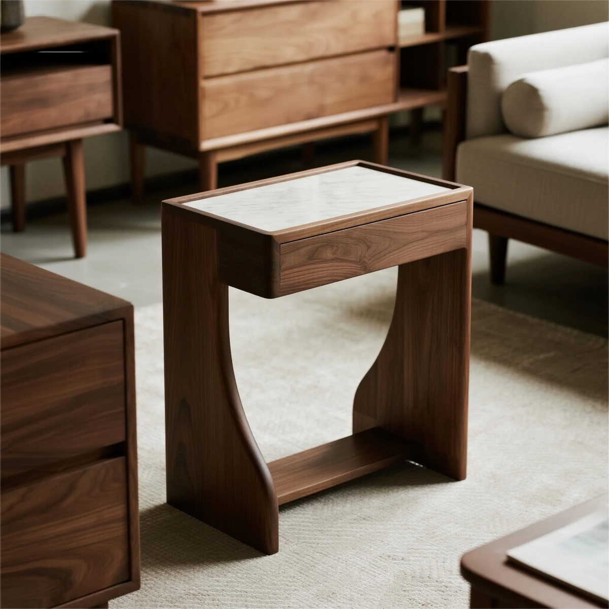 Nola-Walnut & Marble-Top Narrow Side Table