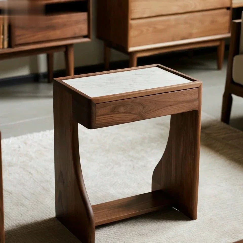 Nola-Walnut & Marble-Top Narrow Side Table