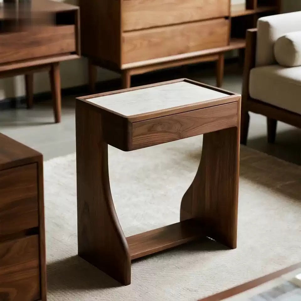 Nola-Walnut & Marble-Top Narrow Side Table